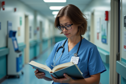Infirmière d'âge moyen en blouse bleue dans un couloir hospitalier