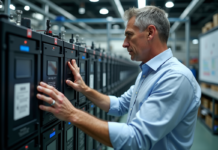 Batterie : stockage d’énergie maximale et capacité de rétention Ingénieur homme examinant une batterie industrielle en laboratoire