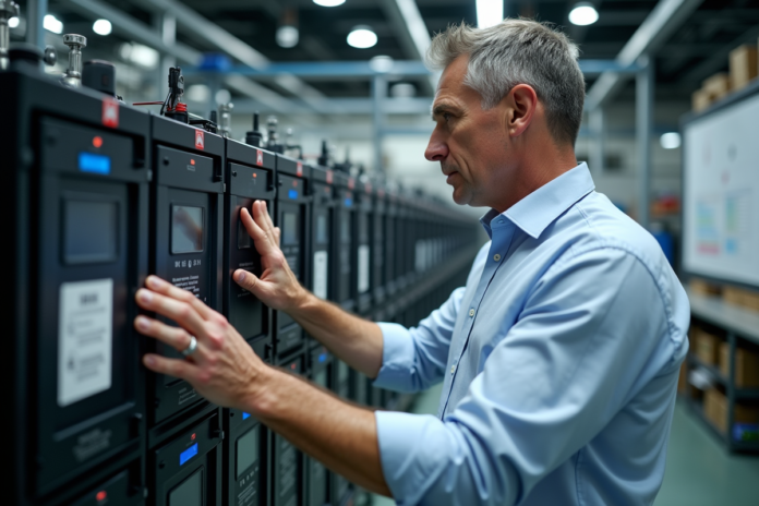 ingenieur-batterie-industrielle Ingénieur homme examinant une batterie industrielle en laboratoire