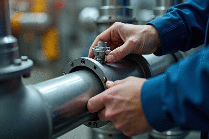 installation-capteur-differentiel Mains d'un ingénieur installant un capteur de pression différentiel sur une tuyauterie industrielle