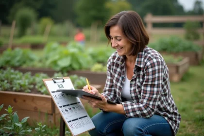 Femme dans un jardin examine un calendrier lunaire