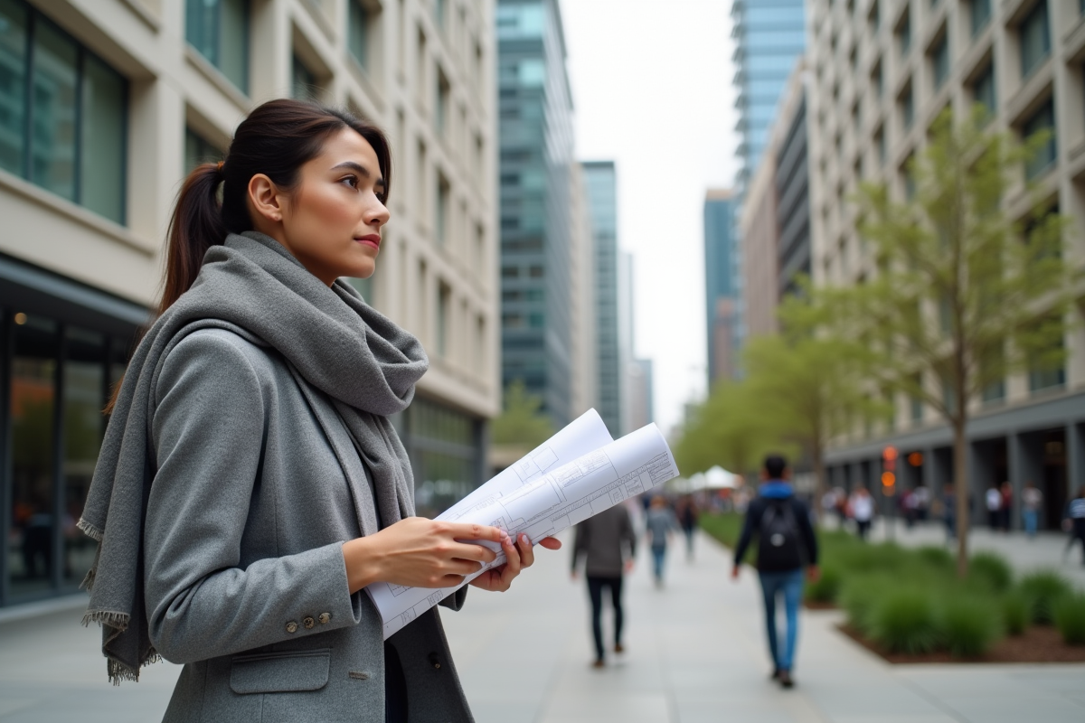 Jeune femme architecte observant un plan de zonage dans une place urbaine