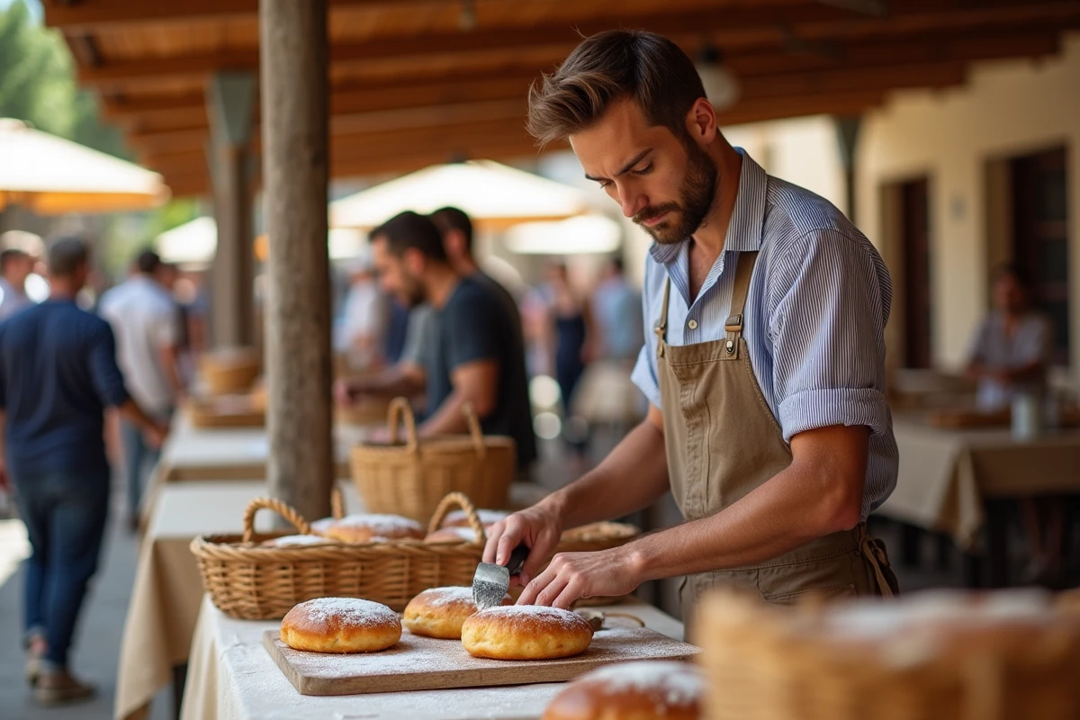 Jeune homme tranchant un gâteau à la broche au marché