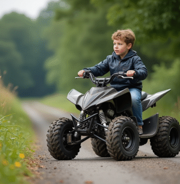 Adolescent en motocross sur un quad en pleine nature