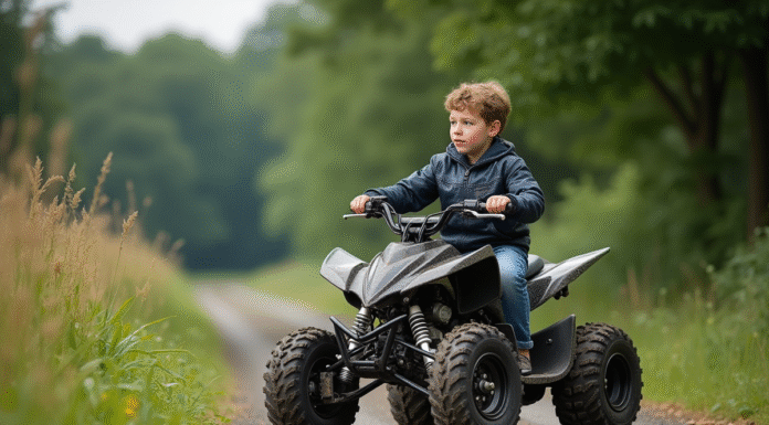 Adolescent en motocross sur un quad en pleine nature