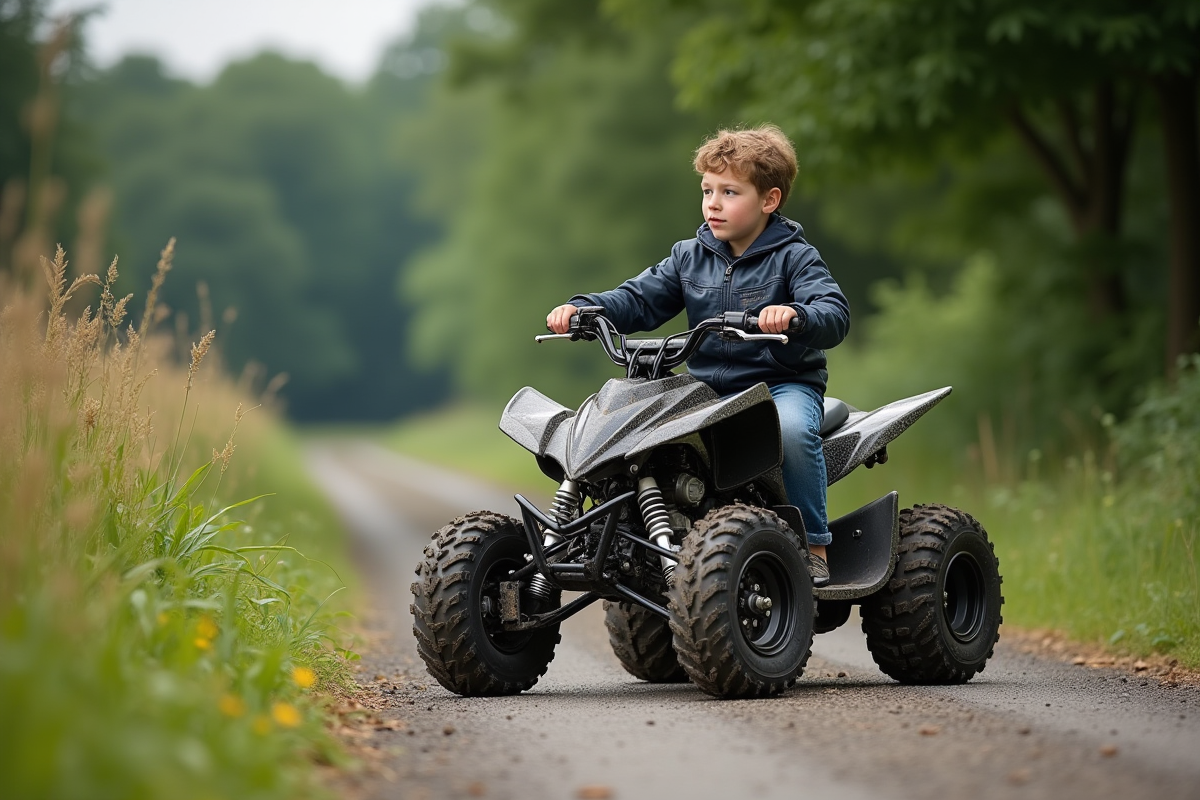 Adolescent en motocross sur un quad en pleine nature