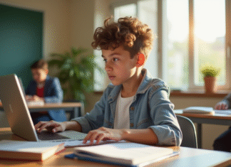 Jeune étudiant concentré sur son ordinateur dans un environnement moderne