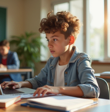 Jeune étudiant concentré sur son ordinateur dans un environnement moderne