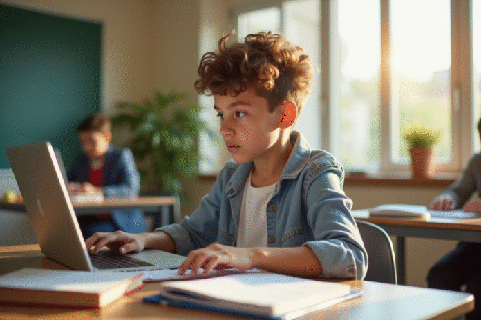 jeune-etudiant-bureau-laptop Jeune étudiant concentré sur son ordinateur dans un environnement moderne