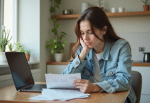 Jeune femme pensant devant ses factures et ordinateur