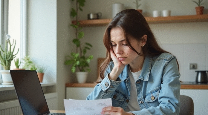 Jeune femme pensant devant ses factures et ordinateur