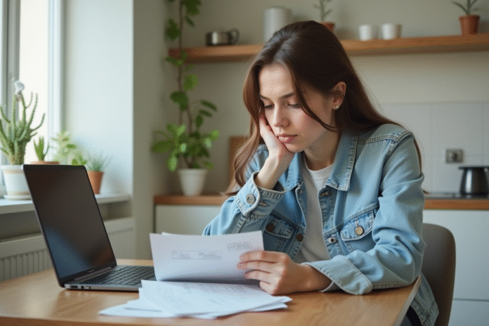 Jeune femme pensant devant ses factures et ordinateur