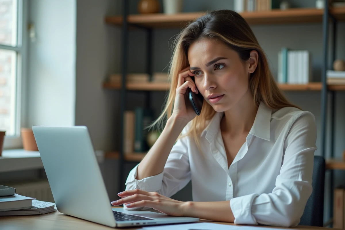 Jeune femme au bureau à domicile regardant son ordinateur