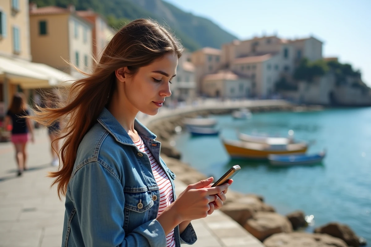 Jeune femme corsicaine lisant sur son smartphone en extérieur