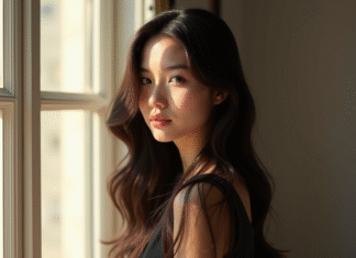 Jeune femme aux cheveux dégradé bas près d'une fenêtre