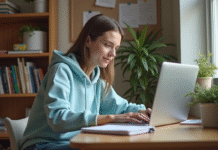 Acer 15 pouces : l’ordinateur portable idéal pour les étudiants Jeune femme en hoodie bleu assise à un bureau étudiant