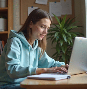 Jeune femme en hoodie bleu assise à un bureau étudiant