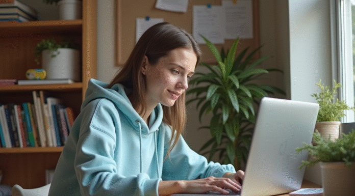 Jeune femme en hoodie bleu assise à un bureau étudiant