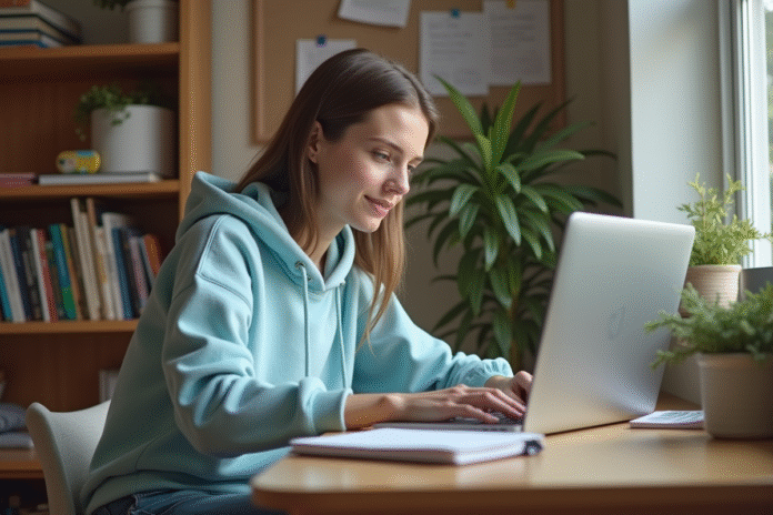 jeune-femme-etudiant-dorm-room Jeune femme en hoodie bleu assise à un bureau étudiant