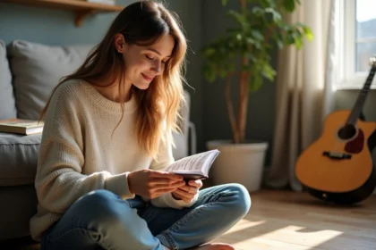Jeune femme lisant un carnet de chansons dans un salon lumineux