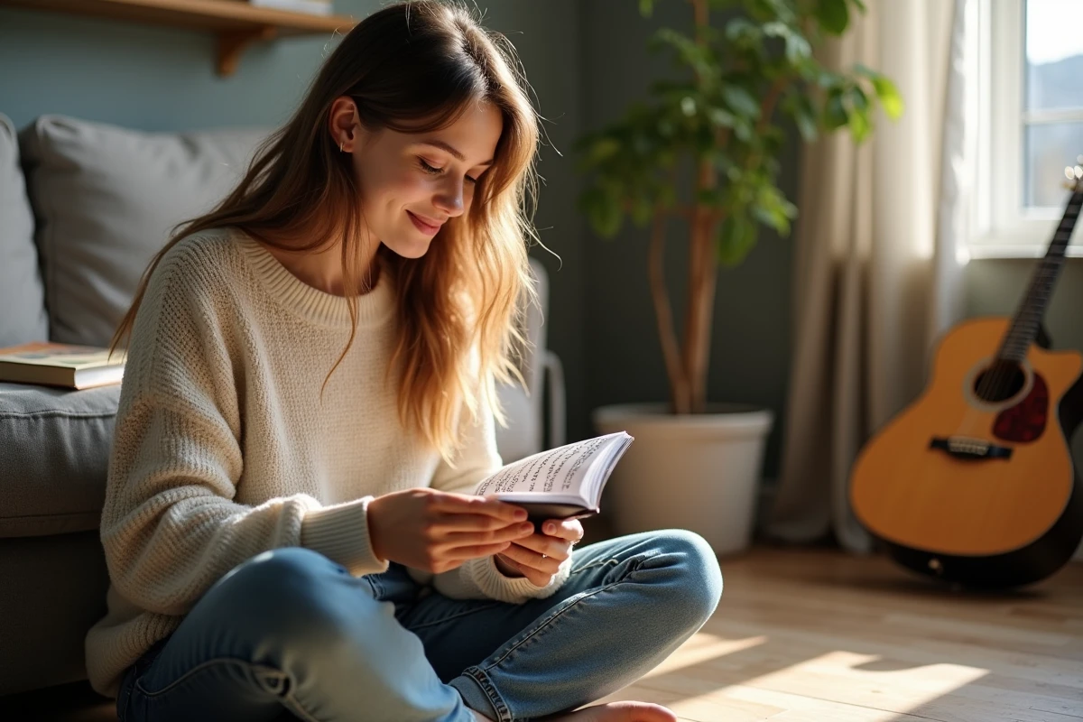 Jeune femme lisant un carnet de chansons dans un salon lumineux