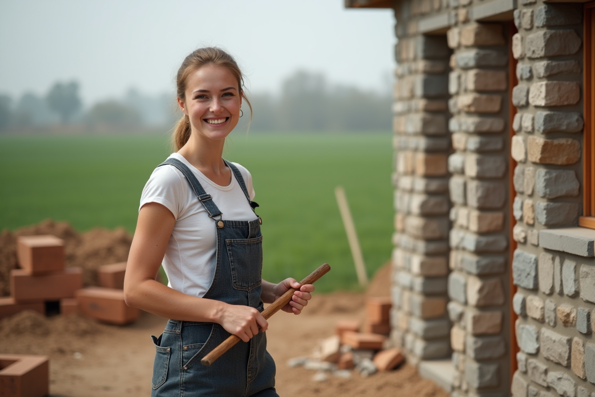 Jeune femme artisan posant avec sa maison en pierre