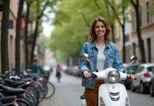 Pourquoi choisir une mobylette 125cc pour vos déplacements quotidiens Jeune femme souriante avec moped en ville