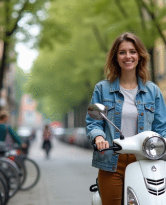 Jeune femme souriante avec moped en ville