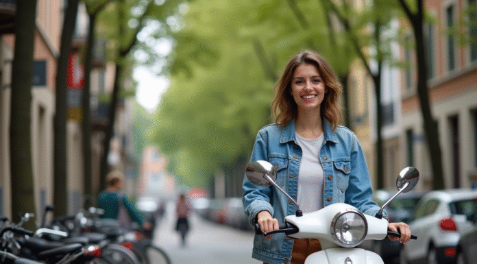 Jeune femme souriante avec moped en ville