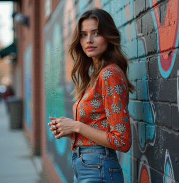 Jeune femme devant un mur de street art urbain