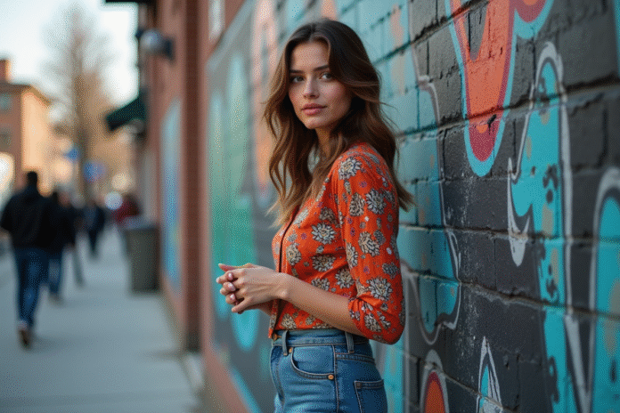Jeune femme devant un mur de street art urbain