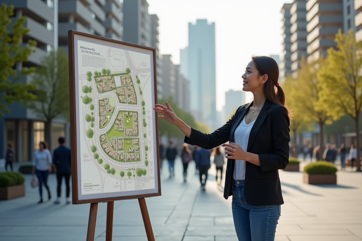 Jeune femme expliquant le plan urbain devant panneau d