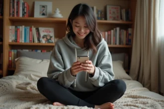 Jeune femme utilisant une application de suivi de manga sur smartphone dans sa chambre entourée de volumes de manga