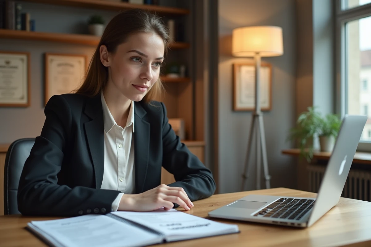 Jeune femme au bureau regardant son ordinateur avec un dictionnaire
