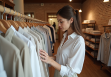Vêtements sains : Comment bien les choisir pour sa santé et confort ? Jeune femme dans une boutique évalue des vêtements en coton et lin