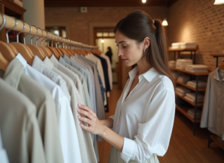 Vêtements sains : Comment bien les choisir pour sa santé et confort ? Jeune femme dans une boutique évalue des vêtements en coton et lin