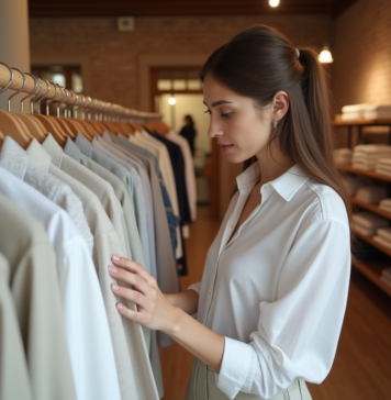 Jeune femme dans une boutique évalue des vêtements en coton et lin