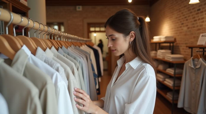 Jeune femme dans une boutique évalue des vêtements en coton et lin
