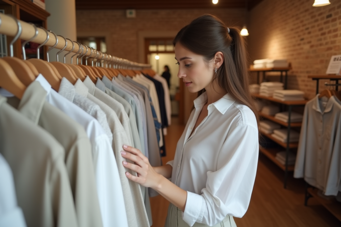 jeune-femme-vetements-boutique Jeune femme dans une boutique évalue des vêtements en coton et lin