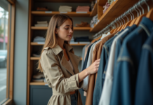 Mode d’occasion : pourquoi est-elle vraiment importante ? Pour qui ? Jeune femme examine des vêtements vintage dans une boutique de seconde main