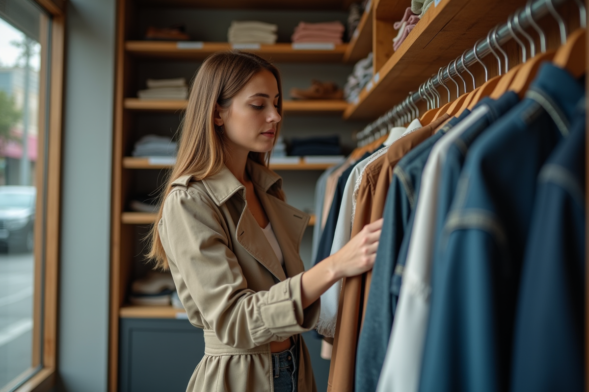 Jeune femme examine des vêtements vintage dans une boutique de seconde main