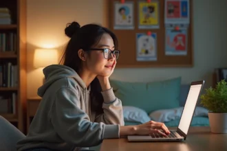 Jeune femme lisant un webtoon dans son bureau cosy