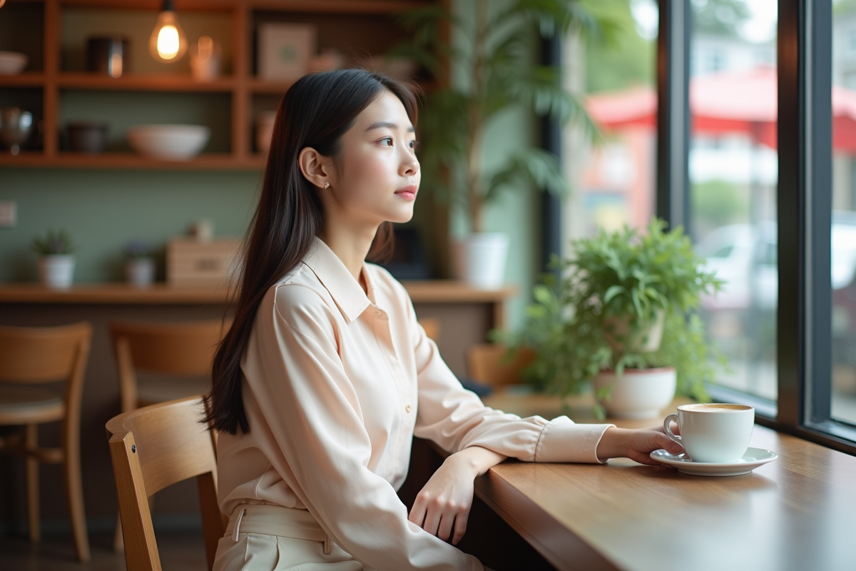 Jeune fille confiante dans un café lumineux en portrait