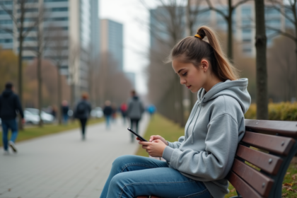 Jeune fille en hoodie assise sur un banc de parc urbain