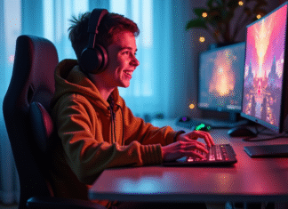 Jeune personne souriante jouant en ligne sur un ordinateur lumineux