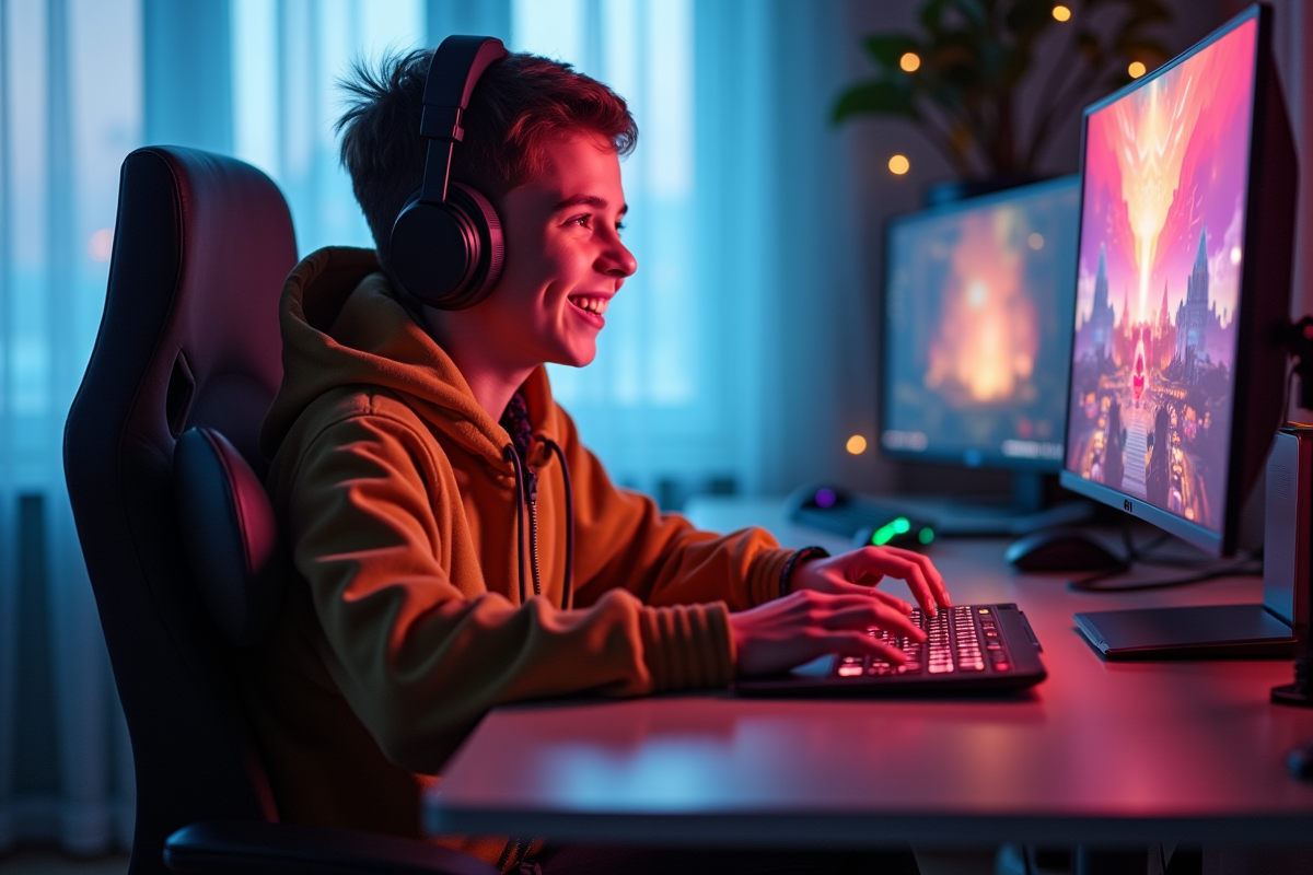 Jeune personne souriante jouant en ligne sur un ordinateur lumineux