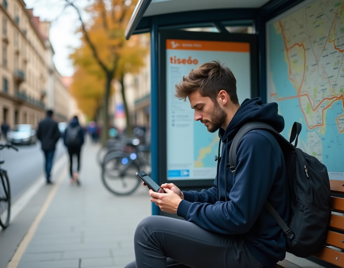 Jeune homme consultant les correspondances bus de Toulouse via une application mobile à un arrêt de bus en ville