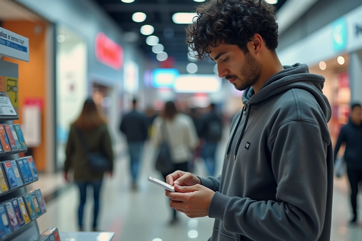 Jeune homme examinant un forfait SIM Lycamobile dans un centre commercial