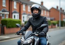 Jeune homme en moto moderne sur une rue tranquille