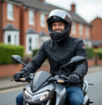 Jeune homme en moto moderne sur une rue tranquille